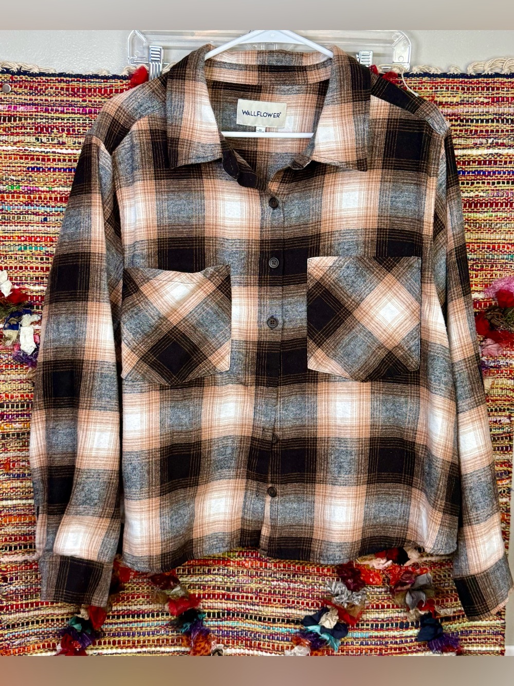 Wallflower Plaid Button-Down Shirt in Brown, Cream, and Gray 2X